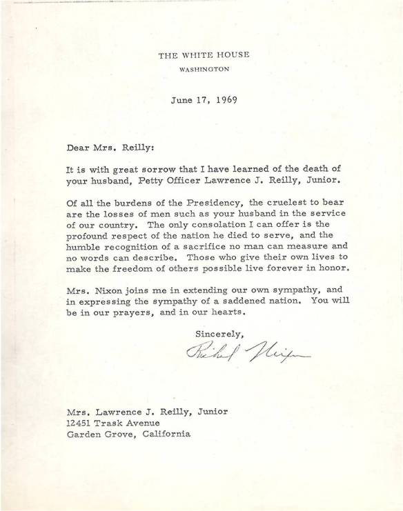 President Nixon Letter to Larry's wife, Joyce Reilly