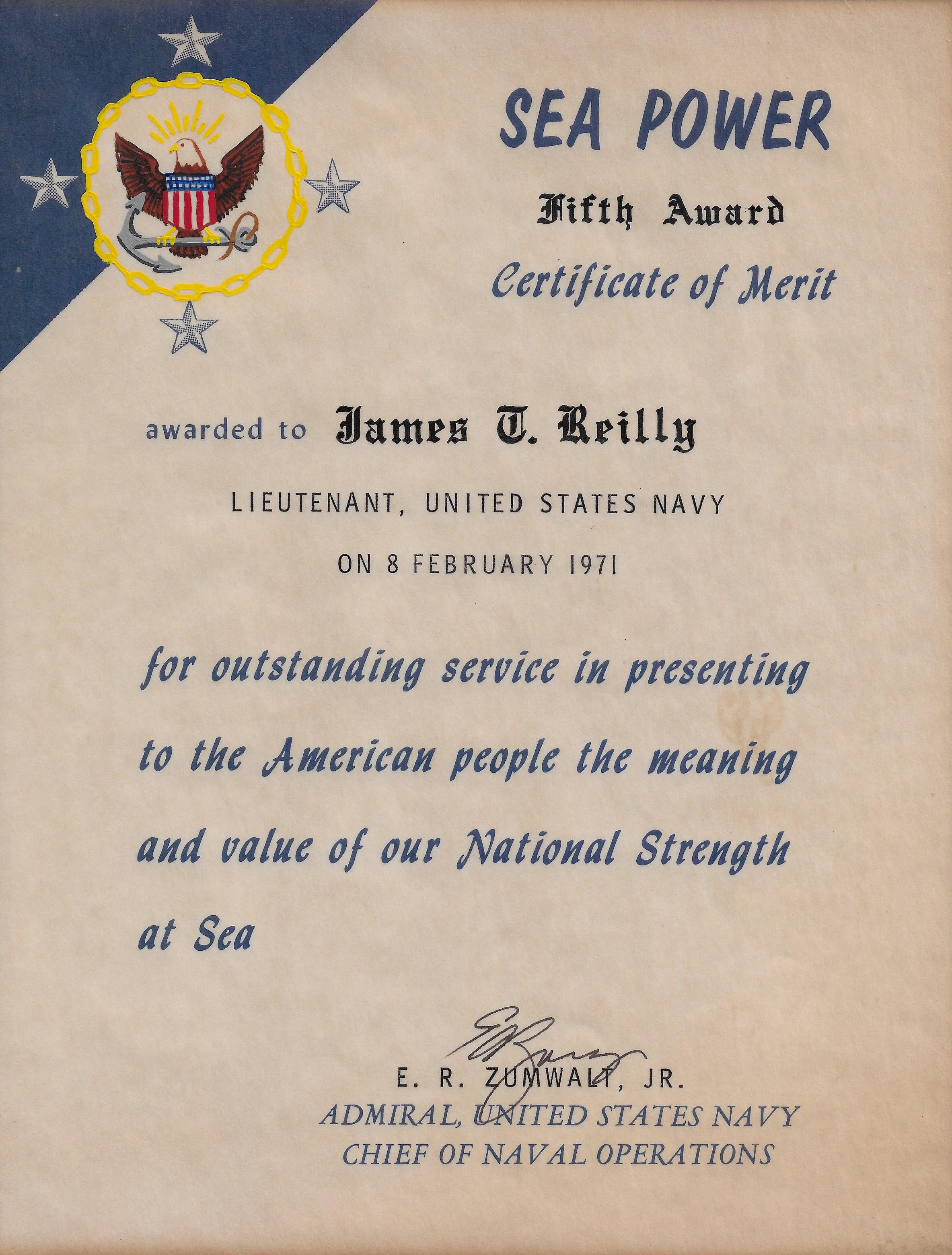 CNO Sea Power Certificate of Merit Fifth Award 710208